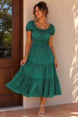 Kate and Lily Green Polka Dot Square Neck Smocked Waist Tiered Midi Dress